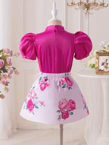 SHEIN Glamorique Kids Young Girl' Spring/Summer Bow Collar Satin Blouse & Floral Print Skirt 2 Pieces Set Young Girls Clothing Sets Summer - Hot Pink - View 2