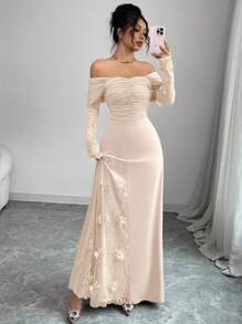 Modelyn Mesh Off-Shoulder plissiertes figurbetont langes Kleid mit Ärmeln für Damen
