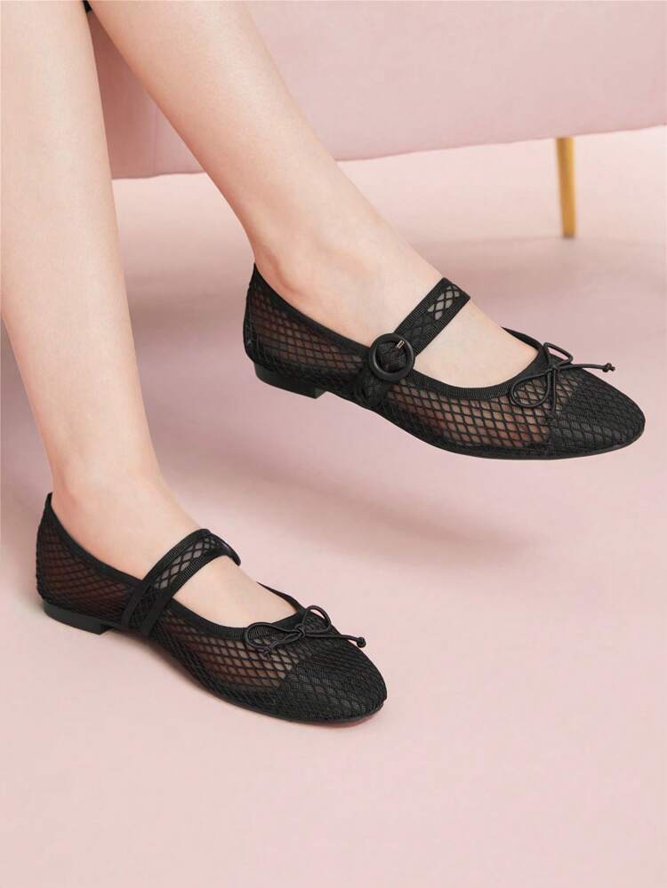 CUCCOO DOLLMOD Zapatos planos tipo Mary Jane de mujer, de malla negra, con lazo decorativo, cómodos y casuales