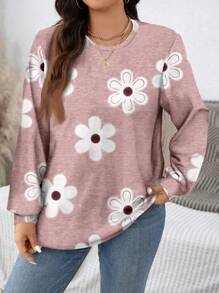 SHEIN LUNE Casual Minimalist Grey Floral Print Plus Size Crew Neck Loose Fit Sweatshirt, Suitable For Spring And Autumn - Multicolor - View 4