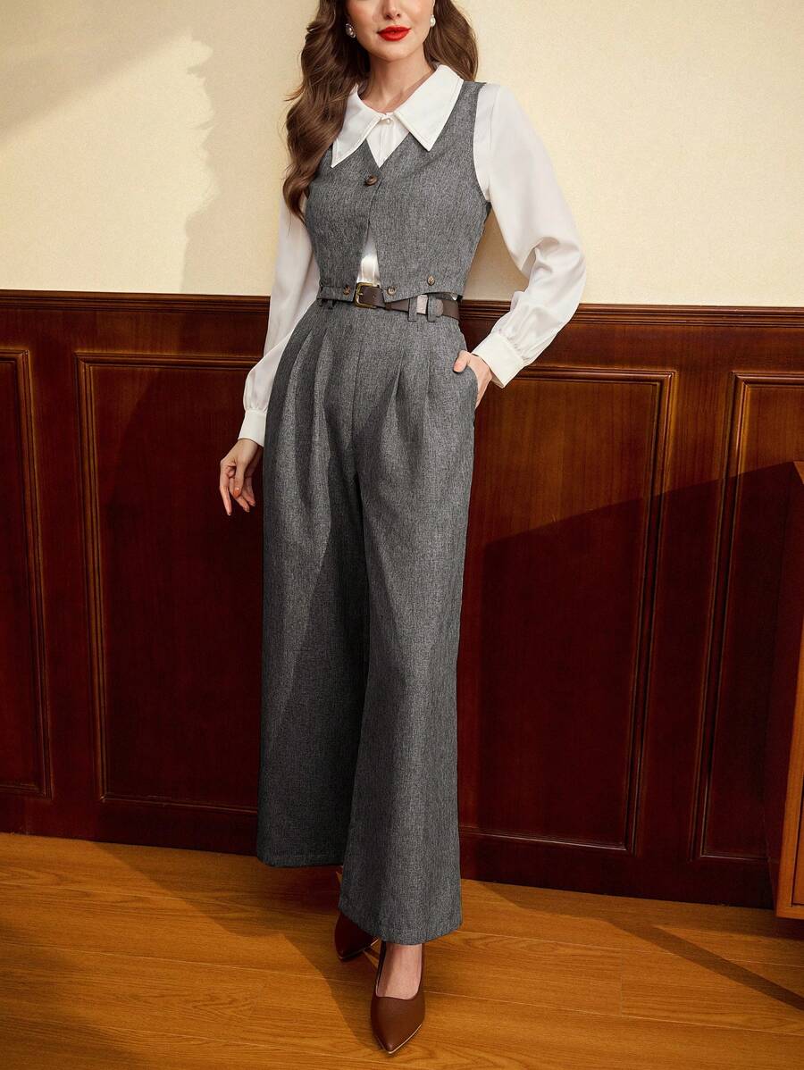 Vintamour Vintage Elegant Women's 2 Pieces Set V-Neck Sleeveless Vest With Buttons Belt Loop High-Waisted Wide Leg Pants Brown Casual Holiday Women Tops Clothes For Women Two Pieces Set Women New Years Women Outfit Christmas Outfit Women Vest 2 Pieces Sets Ladies Business Casual Woman Blazer Christmas Outfit Matching Sets Women Crop Tops Women Office Wear Women Work Pants Dress Pants Women Valentine Day Valentines Valentine's Day Spring