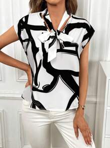 SHEIN Privé 女士印花系带领短袖衬衫 - 白色 - 查看 6