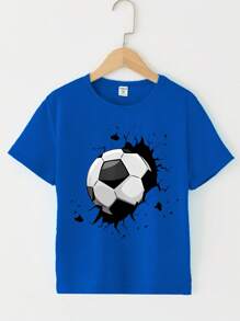 SHEIN 青少年男孩休闲创意破洞足球图案T恤，基本款短袖T恤 - 寶藍色 - 查看 6