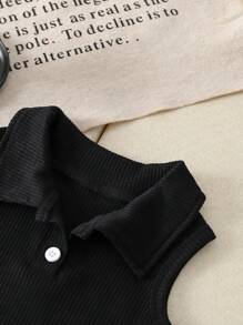 2 件套女婴幼儿 0-3 岁春夏时尚街头服饰罗纹针织无袖 Polo 衫和蝴蝶结裙 2 件套服装，黑色