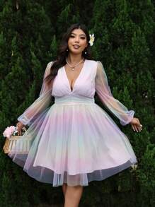 Breezaya Vestido sexy de manga farol con escote profundo en V y malla en tallas grandes para mujer