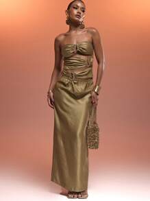 MUSERA Bandeau Extreme Multi Cut Out Ring Detail Satin Fitted Maxi Dress Sexy Ibiza Fits Spring Summer Vacation Beach Christmas New Year Thanksgiving   Winter