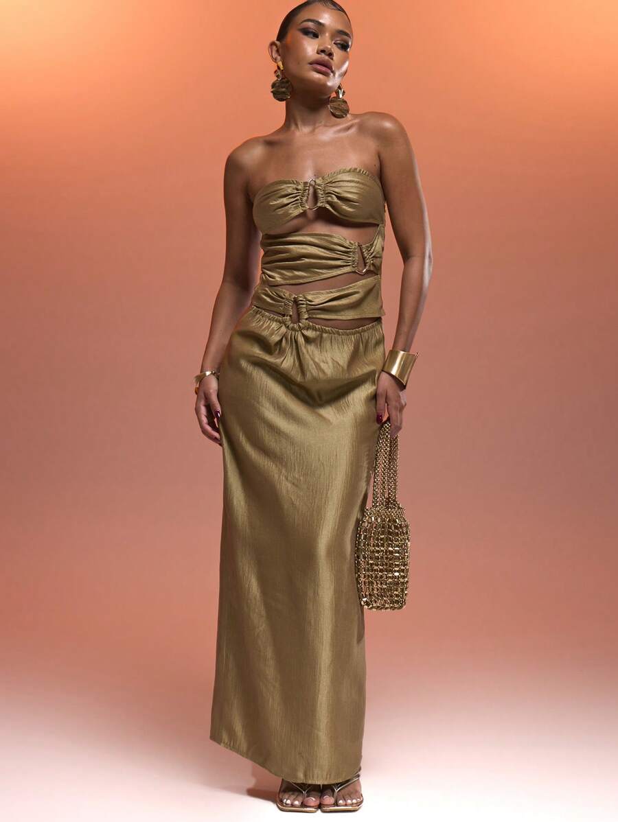 MUSERA Bandeau Extreme Multi Cut Out Ring Detail Satin Fitted Maxi Dress Sexy Ibiza Fits Spring Summer Vacation Beach Christmas New Year Thanksgiving   Winter