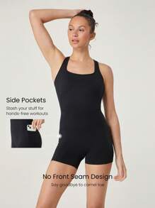 GLOWMODE 4.3" FeatherFit™-Air Sweat-Wicking Quick-Dry Tummy Control Corset Round-Neck Crossover Back Bodysuit Jumpsuit Romper With Side Pockets Low Impact Yoga Pilates Studio Daily Casual Wear Removable Cups