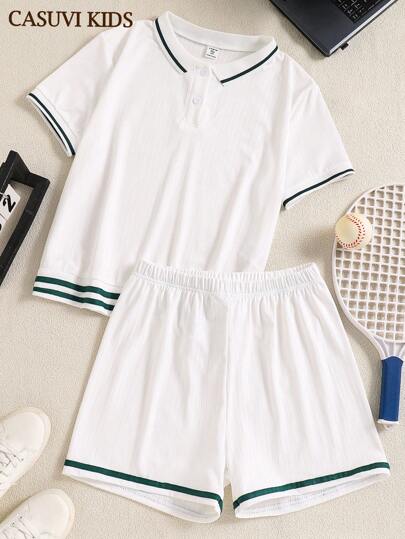 SHEIN Explorewe 2 件套女孩和青少年罗纹面料 Polo 衫和休闲舒适运动短裤，适合夏季