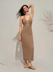 Chiquease Women's Elegant Vintage Beaded Hollow-Out Tie-Strap Maxi Dress, Sui,Summer Dresstable For Spring/Summer,Vacation Outfits Women,Summer Outfits For Women,Beach Outfits For Woman - Khaki - View 7