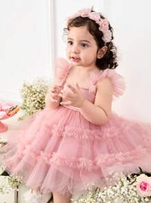 Vestido de verano rosado con volantes de malla para bebé niña, conjunto a juego madre e hija (se venden por separado 2 piezas) - Rosa - Ver 6