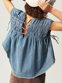 Bohemela BOHO Casual Woven Denim Oversized V-Neck Cap Sleeve Blouse For Women