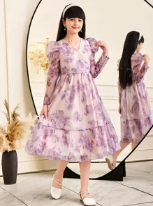 SHEIN Leap Crew Tween Girls' Elegant V-Neck Bishop Sleeve Floral Print Waisted Mid-Calf Dress - Apricot - View 4