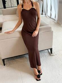 SHEIN Unity Váy suông hở vai màu trơn trang trí kim loại thanh lịch cho nữ mùa hè - màu nâu - Xem 3