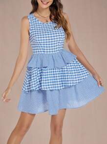 INAWLY Blue Plaid Patchwork With Ruffle Hem Casual Dress, Spring/Summer - Blue - View 1