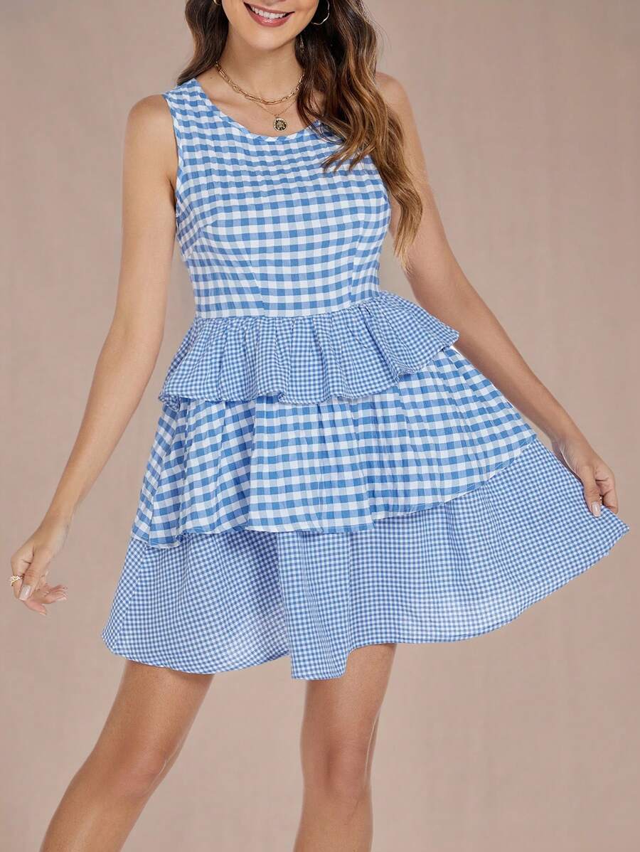 INAWLY Blue Plaid Patchwork With Ruffle Hem Casual Dress, Spring/Summer - Blue - View 1