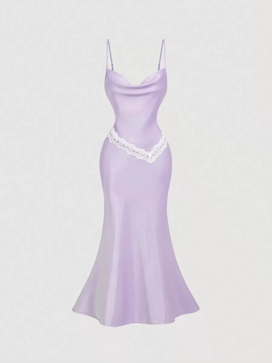 SHEIN MOD Women's Purple Plunging Draped Neck Lace Patchwork Dress,Lavender Dress - Mauve Purple - View 1