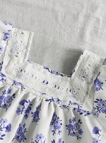 SHEIN Ensemble 2 pièces pour jeunes filles avec chemise à volants en patchwork à fleurs Ditsy et short en jean à taille élastique, tenue d'été de style princesse, convient pour le quotidien ou l'extérieur - Multicolore - View 8