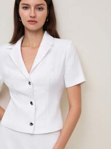 BizChic White Elegant Office Wear Ladies Short Sleeve Button Blazer Suit Set, Suitable For Spring/Summer And Graduation Season - White - View 3