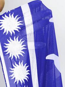 Swim Oasis 2pcs Women Blue Solid Color Mesh Positioned Printing Long Skirt Beach Resort Swimsuit Set For Summer Beach Vacation - Blue - View 6