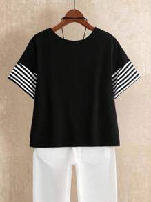 Linhara Plus Size Women's Casual Simple Black And White Contrasting Striped T-Shirt Top - Black and White - View 2