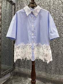 Chiquease 条纹花卉拼布休闲衬衫，简约时尚设计，适合日常穿着 - 藍色 - 查看 1