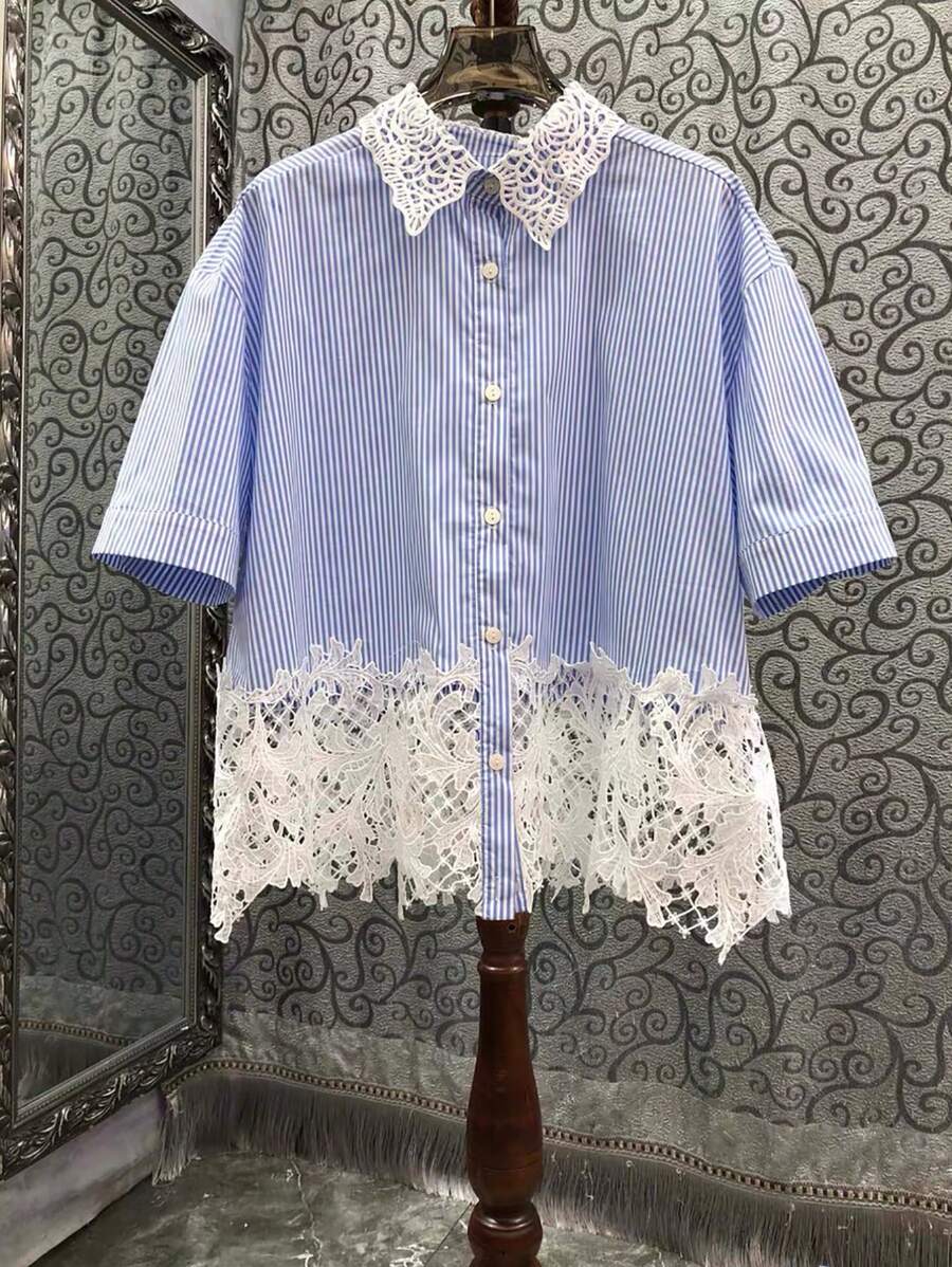 Chiquease 条纹花卉拼布休闲衬衫，简约时尚设计，适合日常穿着 - 藍色 - 查看 1