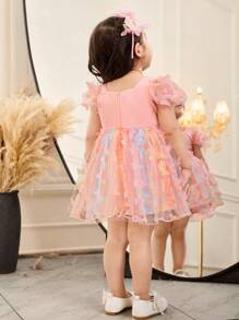 SHEIN Fern Glow  Baby Girl Elegant Summer Cute Butterfly Mesh Short Sleeve Birthday Mini Dress - Pink - View 3