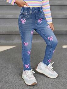 SHEIN 年轻女孩可爱蝴蝶结装饰蓝色牛仔毛绒衬里裤，羊毛加厚服装，女孩秋冬服装 - 中等水洗藍 - 查看 3