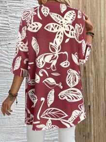 EMERY ROSE Women's Casual Loose Leaf Graphic 3/4 Sleeve Blouse, Suitable For Daily Wear In Summer - Redwood - View 2