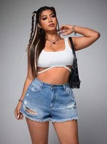 SHEIN EZwear Shorts vaqueros informales y versátiles de talla grande para mujer con bolsillos y dobladillo deshilachado