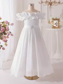 SHEIN Young Girls' White Pearl & Chiffon Patchwork Knit Slip Dress Wedding Guest Dress Kids Teens Dresses Girls - White - View 3