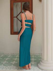 Swim Oasis Conjunto de 2 piezas para mujer: Traje de baño elegante de una sola pieza con decoración hueca de metal y vestido pareo de playa largo con cordón, para verano