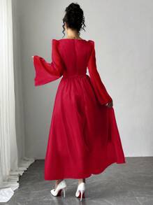 Rafferiza 缎面闪亮优雅喇叭袖连衣裙，冰蓝色 - 紅色 - 查看 2