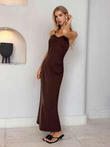 SHEIN Unity Váy suông hở vai màu trơn trang trí kim loại thanh lịch cho nữ mùa hè - màu nâu - Xem 5