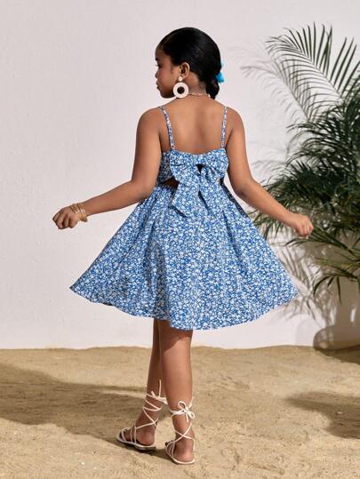 SLAYR KIDS Tween Girls Ditsy Floral Spaghetti Strap Bow Ruffle Casual Daily Holiday Dress