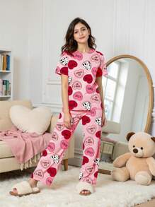 Set de 2 pièces de pyjama pour adolescentes, tenue décontractée confortable avec imprimé cœurs sur tout le Top à col rond à manches courtes et pantalon long