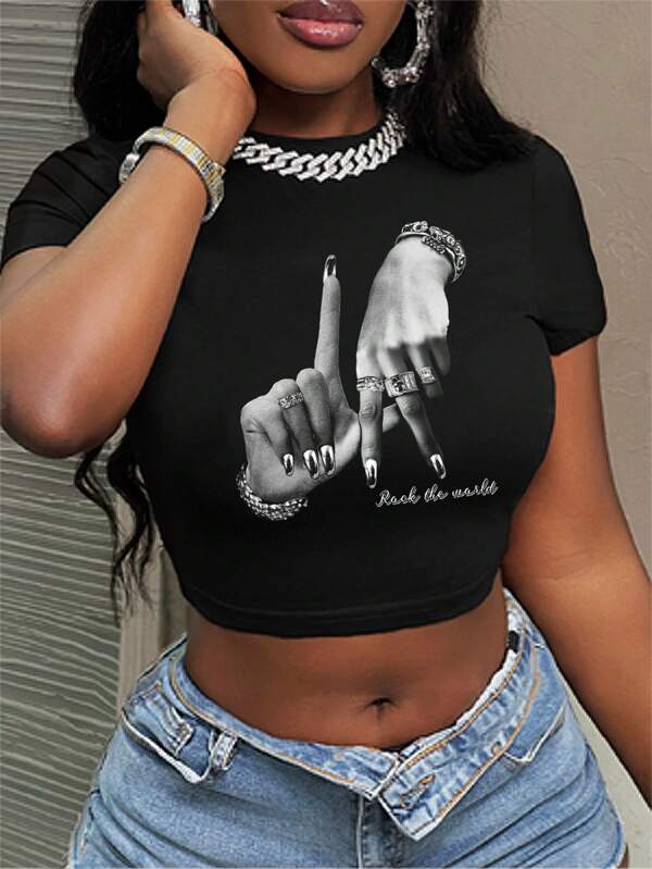 Slaydiva Casual Minimalist LA Hand Sign Hip Hop Print Round Neck Short Sleeve Crop Top Tee, Suitable For Summer Suitable For Going Out