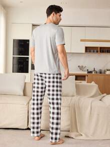 2pcs Men Panda Print Short Sleeve Top And Plaid Long Pants Pajama Set - Light Grey - View 7