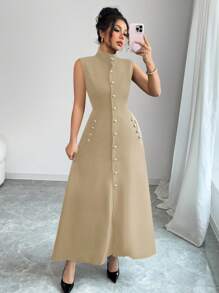 Elenzga Women Long Dress, Minimalist Style, Suitable For Summer - Khaki - View 6