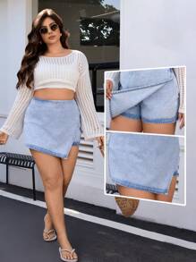 SHEIN Essnce 大码休闲破洞不对称牛仔短裤