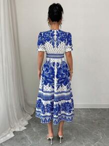 Elenzga Women's Vacation Blue & White Floral Puff Sleeve Cinched Waist Midi Dress, Spring/Summer - Blue and White - View 2