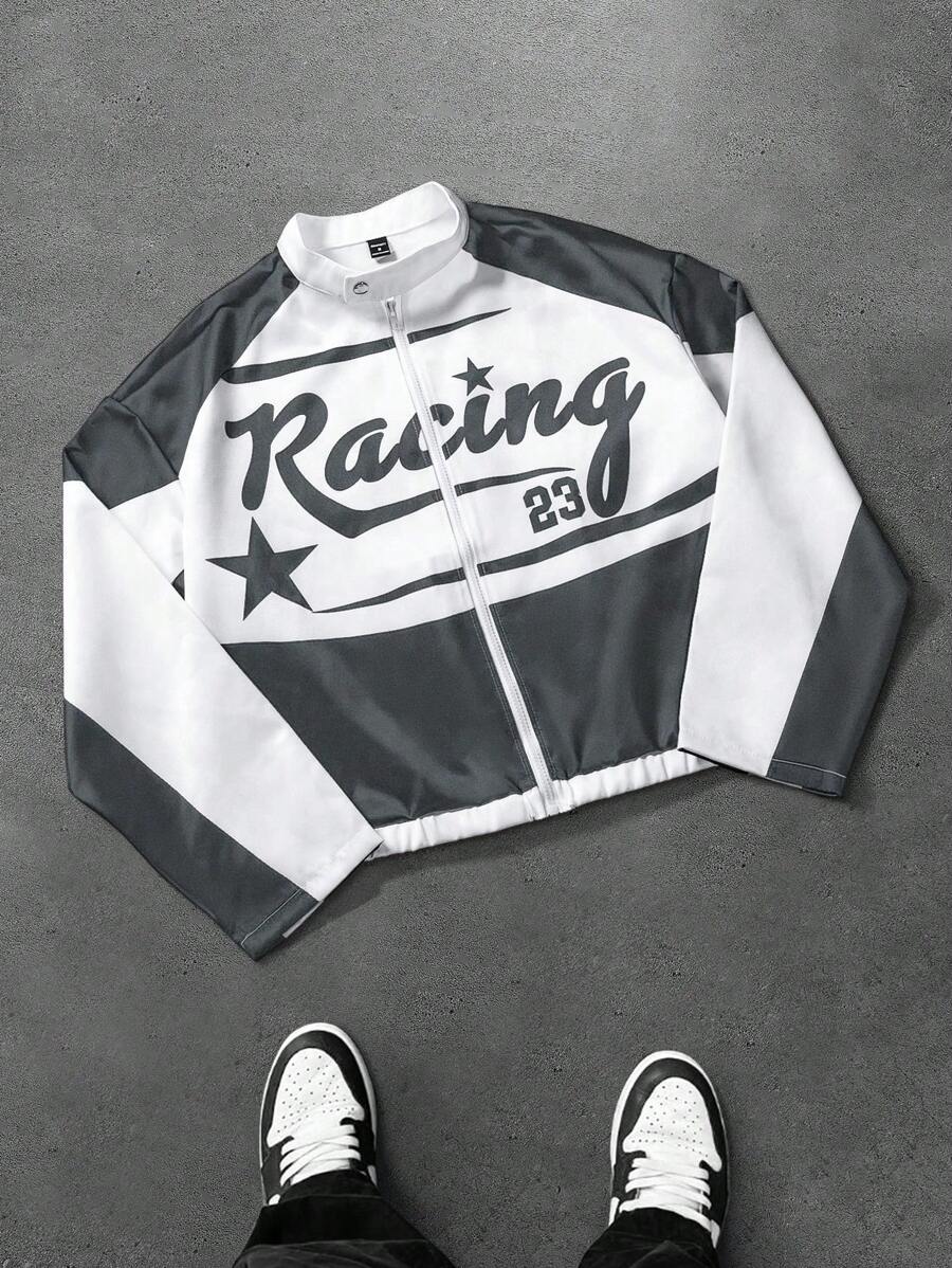 Manfinity EMRG Young Men's Streetwear-Inspired Racing Element Black And White Letter Pattern Positioning Print Zip-Up Stand-Up Collar Short Racing Jacket With College Style ,Jersey Jacket ,Men Jacket ,Fall And Winter Men Clothes - Grey - View 1