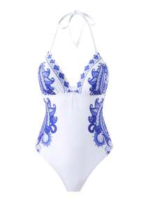 Swim Lushoire 1pc Women's Halter Neck Cut-Out Abstract Print One-Piece Swimsuit - Blue and White - View 6