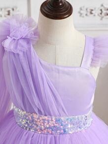 SHEIN Leap Crew Girls Elegant Mesh Cap Sleeve Floral Decorated Mesh Dress - Mauve Purple - View 3