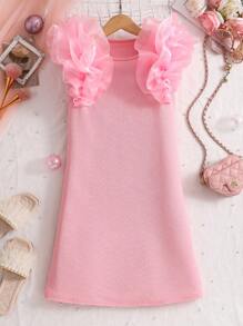 Tween Girl Solid Color Multi-Layer Ruffle Hem Fashion Dress - Pink - View 1