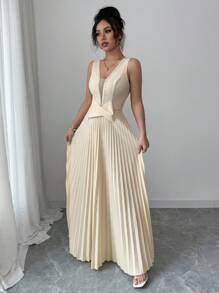 Elenzga Đầm nữ dáng chữ A không tay cổ chữ V, eo nhún, đính ngọc trai, xếp ly, nơ thanh lịch, lãng mạn - Màu be - Xem 6