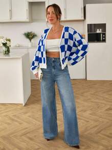 EURMUSE Women's Casual Colorblock Checked Cardigan, Spring/Autumn,Long Cardigans Woman,Petite Cardigans,Cardigans - Royal Blue - View 5