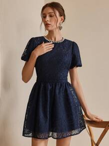 Anewsta 时尚优雅的女士蕾丝泡泡袖收腰珍珠装饰中长连衣裙，适合节日、外出、度假装、春夏季 - 寶藍色 - 查看 3