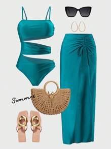 Swim Oasis Conjunto de 2 piezas para mujer: Traje de baño elegante de una sola pieza con decoración hueca de metal y vestido pareo de playa largo con cordón, para verano